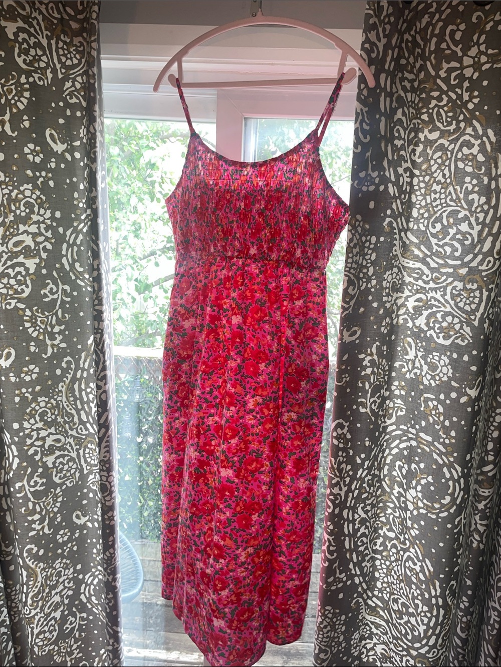 Smocked Pink Floral Midi Dress with Spaghetti Straps